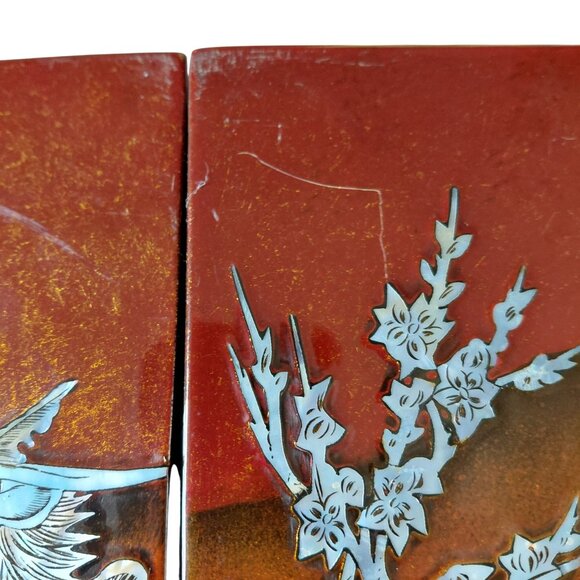 Chinese lacquered panels rooster pheasant bamboo mother of pearl inlay - Picture 5 of 11